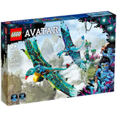 LEGO Avatar construction set featuring Jake Sully and Neytiri flying on colorful Banshee figures above Pandora's landscape, with vibrant flora and glowing elements.